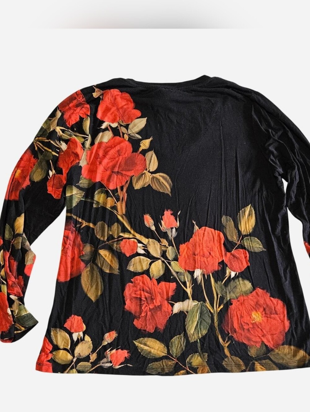 Johnny Was Black Long Sleeve V-Neck Top with Red Rose Print - Picture 2 of 3